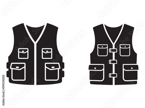 Black tactical vests with multiple pockets and pouches for outdoor activities and security purposes  two variations