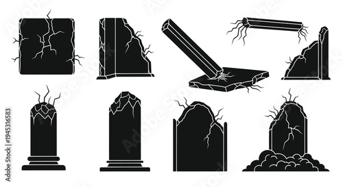 Black and white cracked tombstone and monument icons, graveyard symbols
