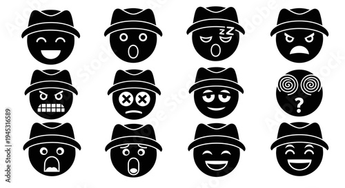 Black  White Glyph Icons of Fedora Hat Emojis - Expressive Faces