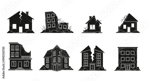 Ruined Houses Set Vector Black White Icons Destroyed Buildings Glyph Art