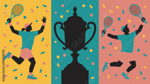 A vibrant illustration of tennis players celebrating with a trophy in a colorful confetti background