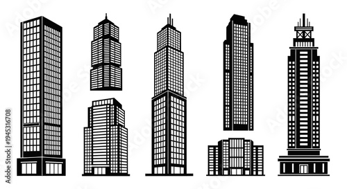 Black and White Skyscrapers Vector Icon Set - City Architecture