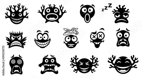 Black and White Monster Emoticons Icons Set