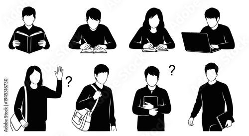 Black and White Line Art of Students Studying and Working