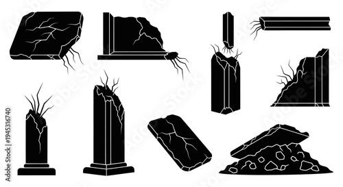 Broken Tombstones and Gravestones, Cemetery Stones, Stone Ruins, Black and White