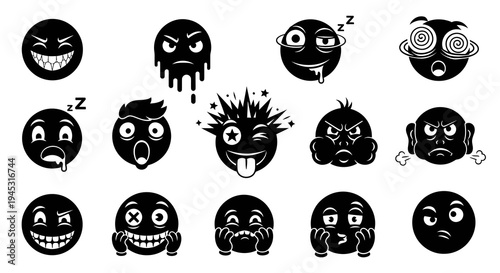 Black  White Glyph Emojis - Expressive Faces, Emotions, Communication Icons