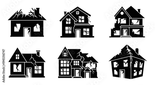 Set of Damaged Houses Icons, Black and White Glyph Style