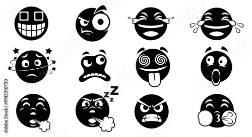 Black and White Emoji Icons Set Vector Art Illustration