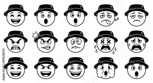 Black and White Line Art Emoticon Faces with Hats, Expressing Emotions