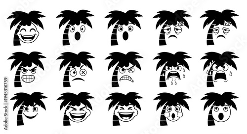 Black and White Palm Tree Emoticon Set - Vector Art