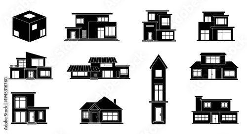 Black  White Icon Set of Modern Architectural Houses, Glyph Style