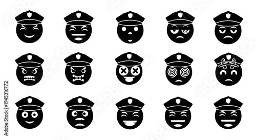 Black and white police officer emoji set, various emotions, glyph style