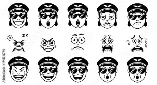 Black and White Line Art Pilot Emojis - Diverse Expressions