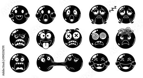 Black and White Emoji Icons, Different Emotions and Expressions, Vector Art