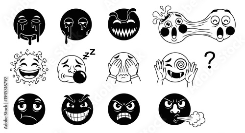 Black and White Line Art Emoticon Expressions Collection