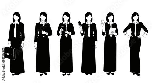 Business women silhouettes, office wear, black and white vector
