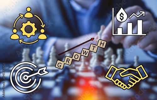 Business Strategy and Growth Concept with Chessboard, Financial Charts, and Strategic Icons