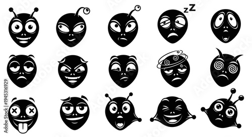 Black  White Alien Emoticons Collection Vector Icon Art