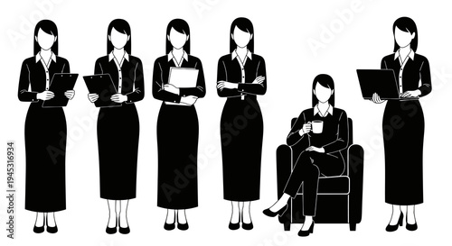 Business Women Poses, Office, Corporate, Work, Female, Black  White Icon Set
