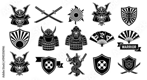 Samurai Icons: Shields, Helmets, Swords, Dragon, Fans, Warrior Symbol