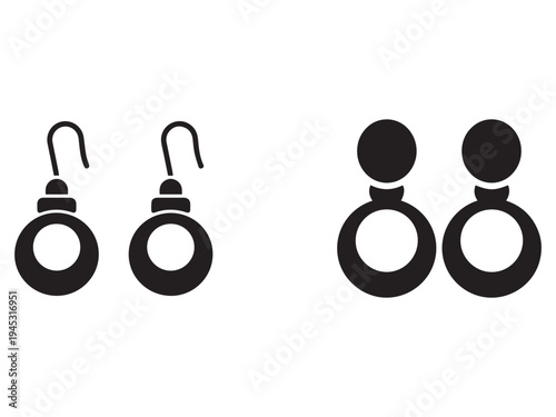 Blackandwhite illustration of four earring icons in two pairs one with hooks and one with posts on white background