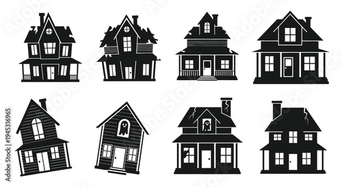 Spooky Halloween Haunted Houses Silhouettes Black  White Glyph Icons