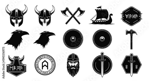 Viking Icons Set: Helmets, Axes, Ravens, Shields, Ship, Hammer, Sword, Beard