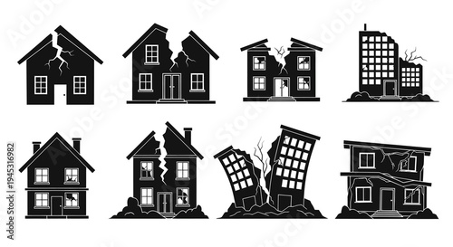 Set of Black and White Icons of Damaged Houses and Buildings