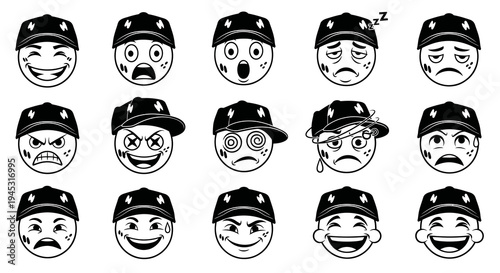 Black and White Line Art Emojis Wearing Baseball Caps