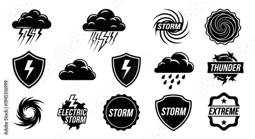 Set of Storm and Weather Icons in Black and White Glyph Style