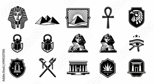 Egyptian Symbols Icons: Pharaoh, Pyramid, Sphinx, Ankh, Eye of Horus, Scarab