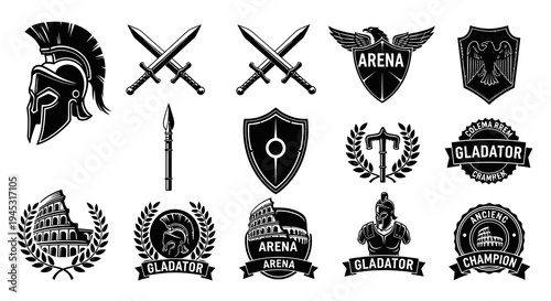 Ancient Roman Gladiator Helmets, Swords, Shields, Colosseum Icons - Vector Art