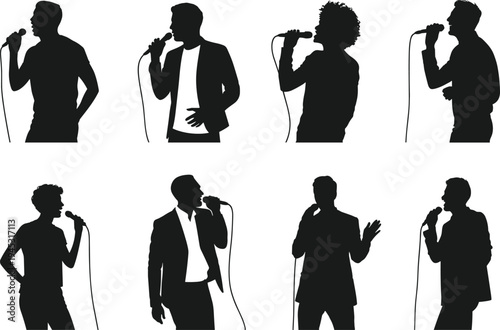 Singer silhouettes performing with microphone, male vocalists singing on stage isolated set for music concert performance concept