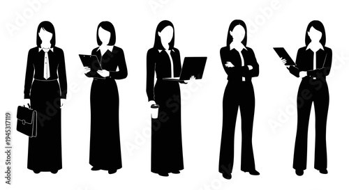 Business Women Silhouettes: Professional Women in Office Attire, Flat Design