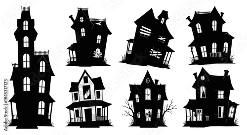 Spooky Haunted Houses Silhouette Vector Set - Halloween