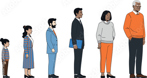 Human Life Stages Illustration Showing Growth from Childhood to Old Age Diverse People Vector