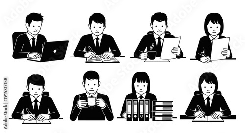 Black and White Business Icons of People Working at Desks