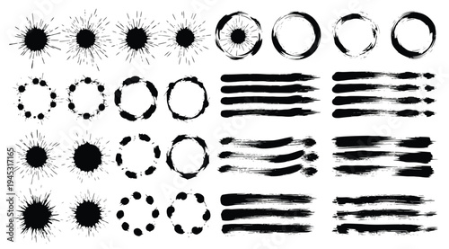 Collection of various black ink splatters and brush strokes on white background