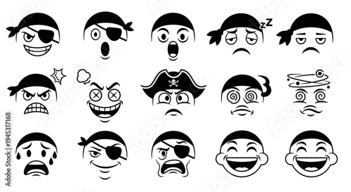 Black  White Line Art Pirate Emoticons for Expressing Emotions
