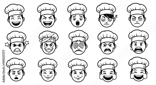 Black and White Chef Emoticons, Cooking Emotions Line Art Vector