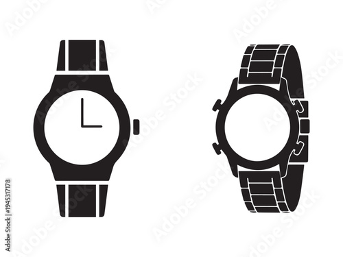 Blackandwhite illustration of two watches one front view and one side view isolated on white background