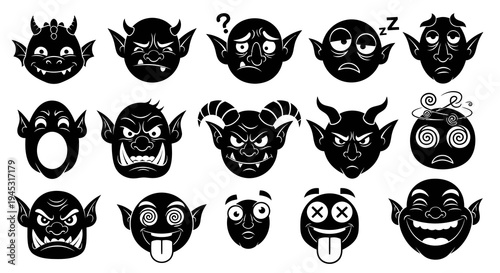 Black and white devil face icons with various emotions, vector art