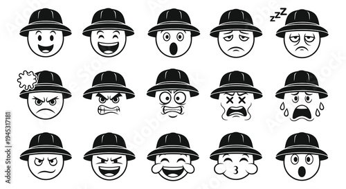 Black and White Line Art Safari Hat Emoticon Faces Collection