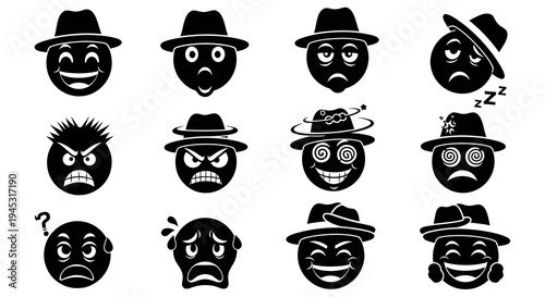 Black  White Emoji Icons with Hats: Emotions, Expressions, Humor