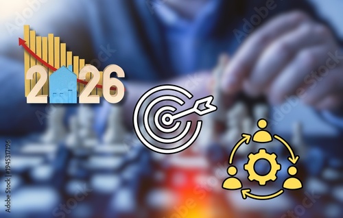 Real estate market forecast 2026 on chessboard with target and management icons for strategic growth