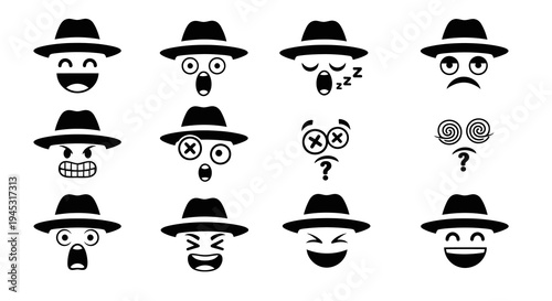 Black and white fedora hat emoji faces collection, cartoon style