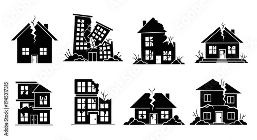 Black and White Glyph Icons of Damaged Buildings After Earthquake