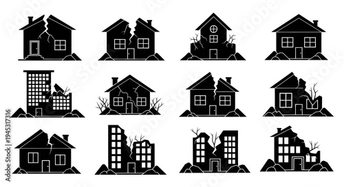 Set of Damaged Houses and Buildings, Black and White Vector Icons