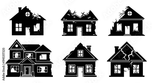 Set of Black Silhouettes of Damaged Houses, Destroyed Buildings