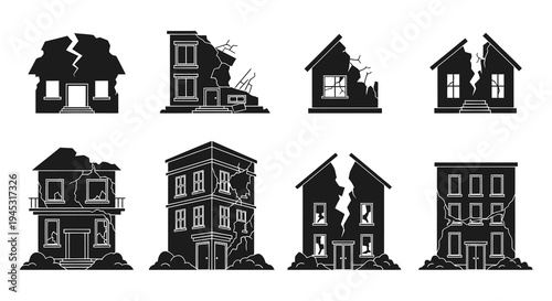 Damaged Houses Icons Set Black White Glyph Style, Earthquake Destruction Symbols